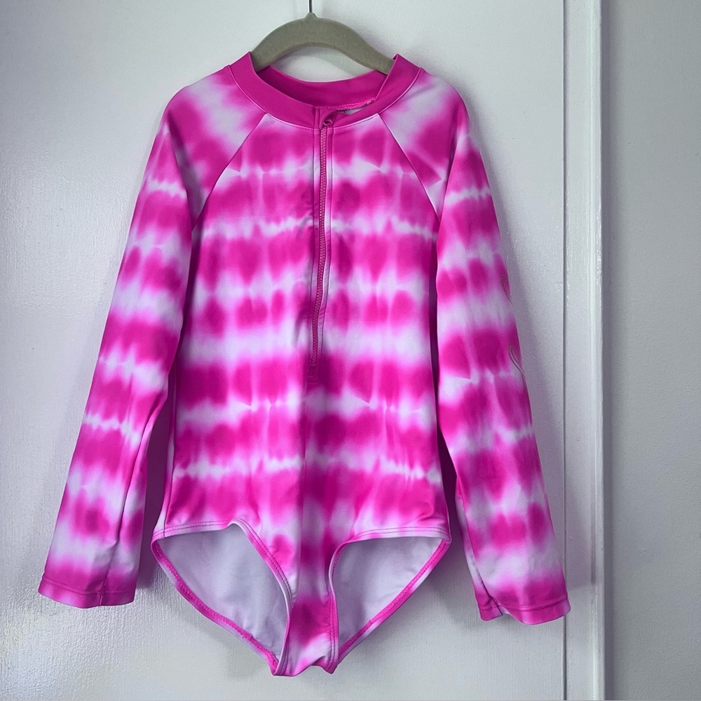 JUICY COUTURE Girls One-Piece Rash Guard Pink Tie-Dye Bathing Swimsuit - S 10
